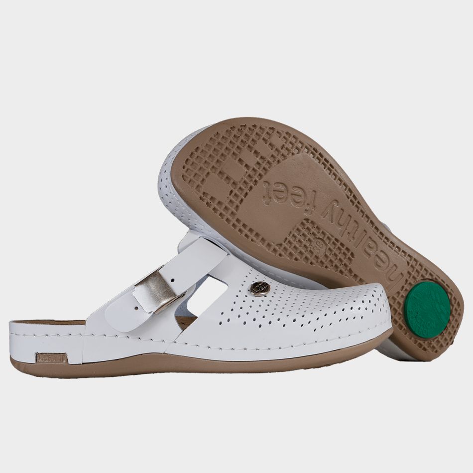 LEON LADY WHITE | Дамско Сабо от Естествена Кожа | Анатомична Гел Стелка | Медицински Комфорт и Стил