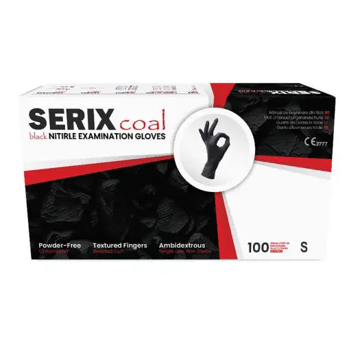 Нитрилни ръкавици Serix Coal – 100 бр | Без пудра, черни, здрави, еднократни
