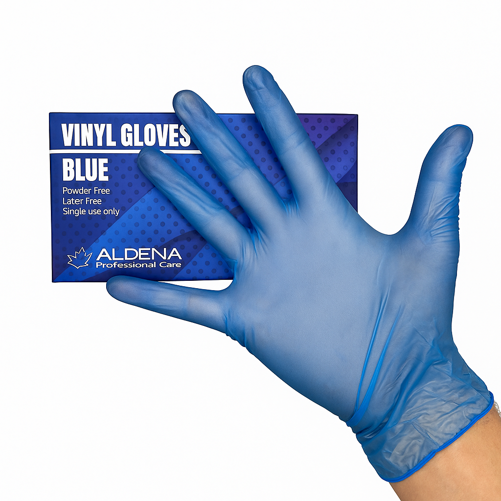 Винилови ръкавици ALDENA – 100 бр | Сини | Без пудра, латекс-фрий